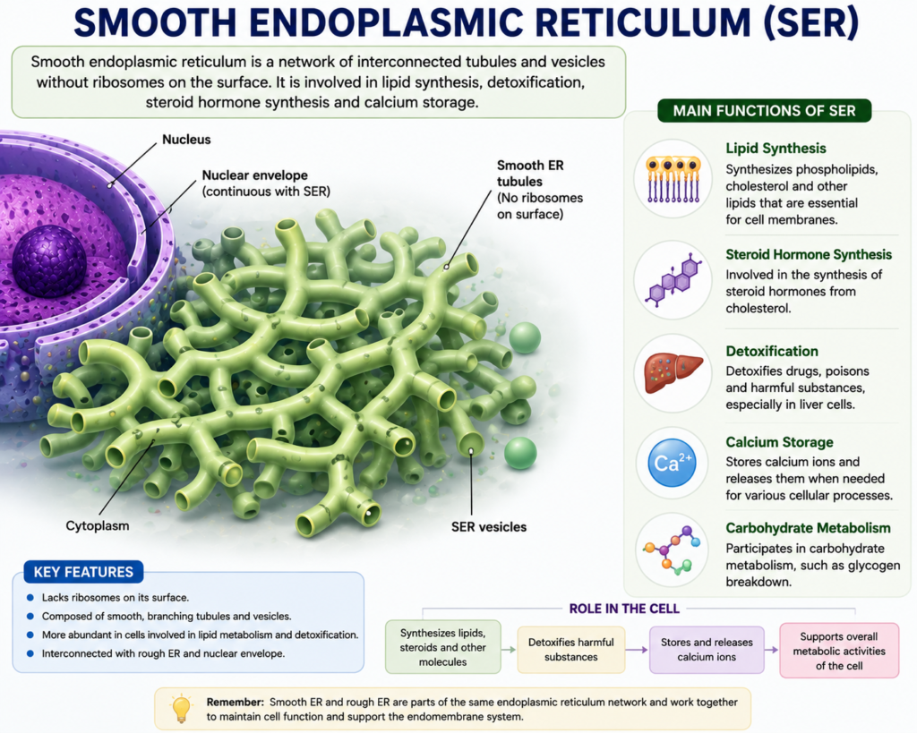 Structure and Functions of Endoplasmic Reticulum | Zoologyverse Labeled diagram of smooth endoplasmic reticulum showing tubular network, nucleus, calcium storage, lipid synthesis, and detoxification