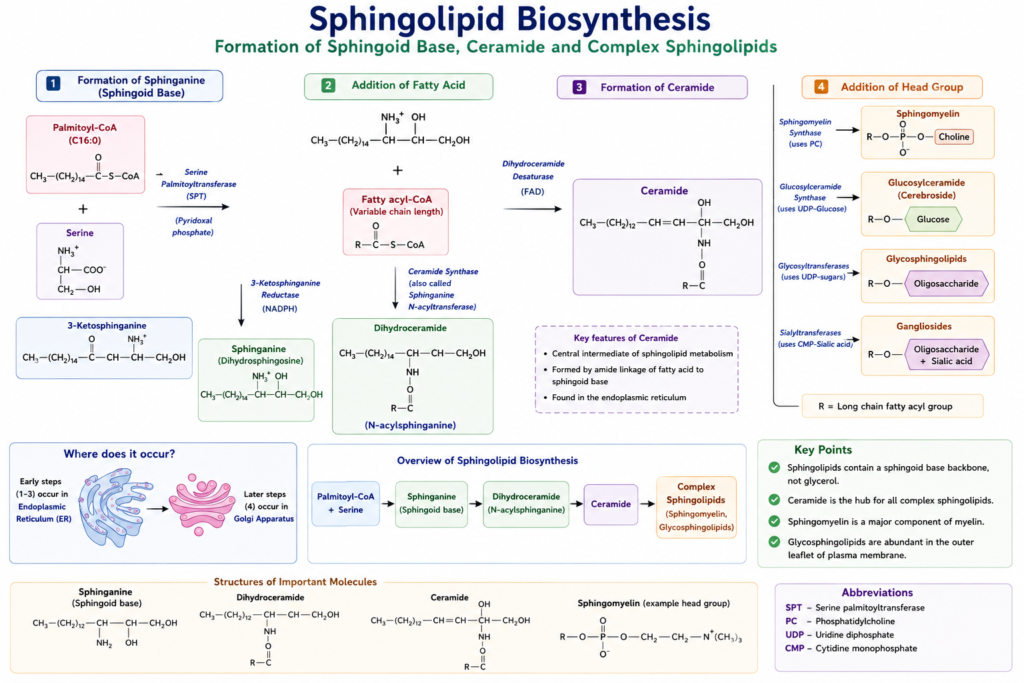Lipid Biosynthesis: Fatty Acid, Cholesterol and Membrane Lipid Synthesis | Zoologyverse Sphingolipid biosynthesis pathway showing palmitoyl-CoA, serine, sphinganine, dihydroceramide, ceramide, sphingomyelin and glycosphingolipids