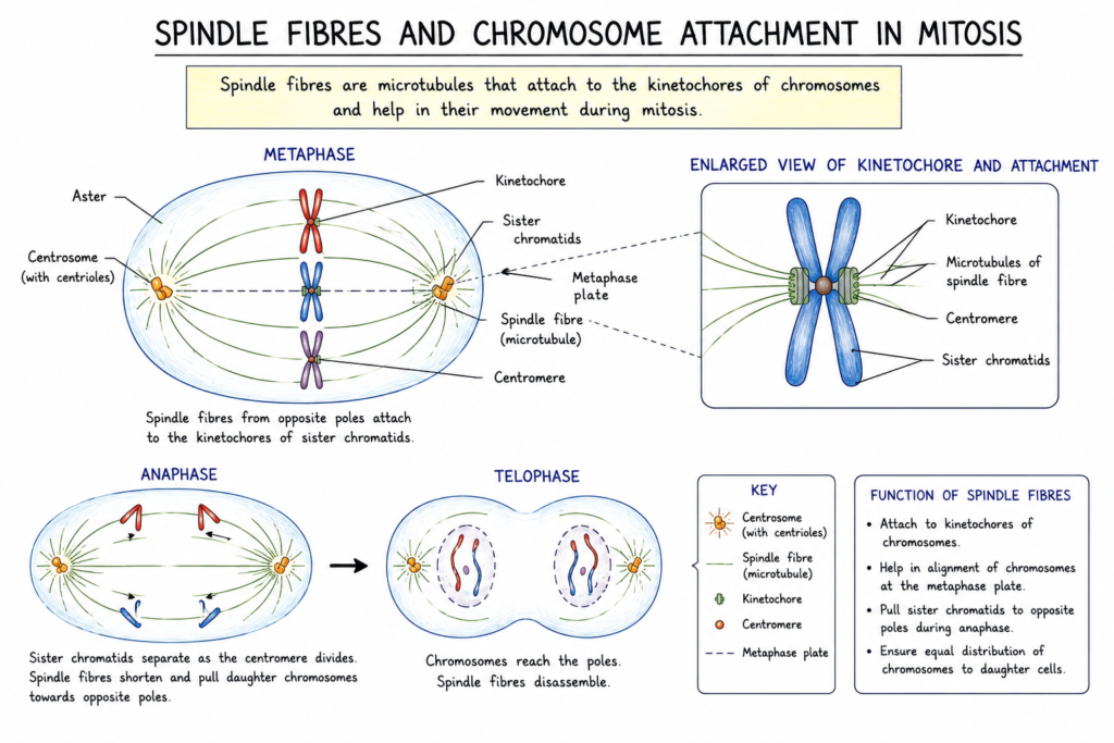 Mitosis: Stages, Process, Significance and Importance | Zoologyverse diagram showing spindle fibres attaching to kinetochores of chromosomes during metaphase and separating sister chromatids during anaphase.