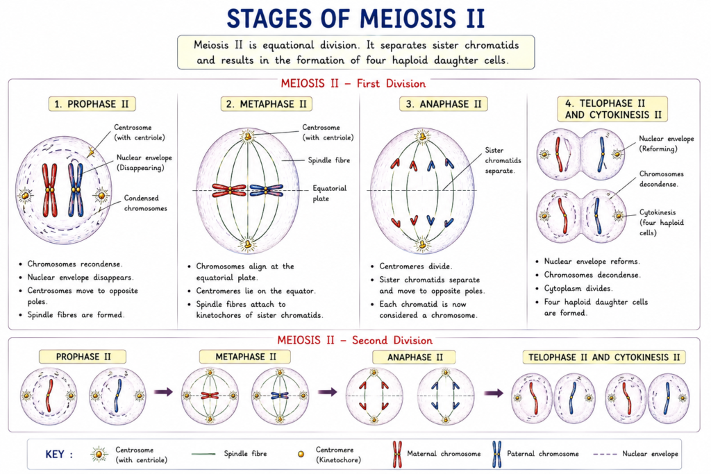 Meiosis: Stages, Process, Crossing Over and Significance | Zoologyverse diagram showing Prophase II, Metaphase II, Anaphase II, Telophase II and Cytokinesis II, including sister chromatid separation and formation of four haploid cells.