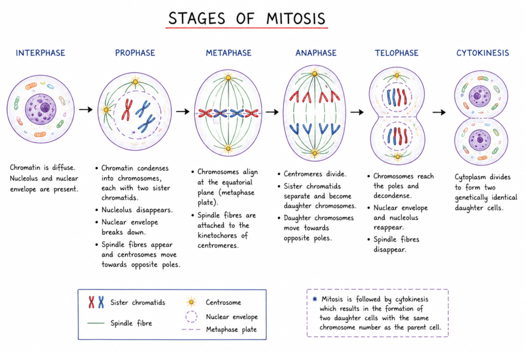 diagram showing the stages of mitosis including prophase, metaphase, anaphase, telophase, and cytokinesis with chromosome and spindle fibre labeling.
