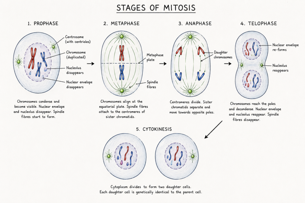 Mitosis: Stages, Process, Significance and Importance | Zoologyverse diagram showing prophase, metaphase, anaphase, telophase and cytokinesis with chromosomes, spindle fibres and nuclear structures labeled.