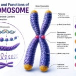 Detailed educational diagram showing the structure and functions of a chromosome, including sister chromatids, centromere, kinetochore, p arm, q arm, telomeres, and DNA packaging