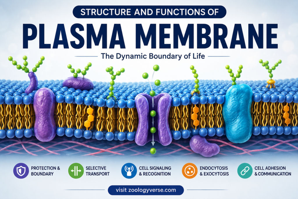 Structure and Functions of Plasma Membrane – Components, Fluid Mosaic Model and Functions | Zoologyverse Detailed educational diagram showing the structure and functions of the plasma membrane with phospholipid bilayer, membrane proteins, cholesterol, carbohydrates, selective transport, cell signaling, endocytosis and exocytosis.