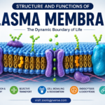 Detailed educational diagram showing the structure and functions of the plasma membrane with phospholipid bilayer, membrane proteins, cholesterol, carbohydrates, selective transport, cell signaling, endocytosis and exocytosis.