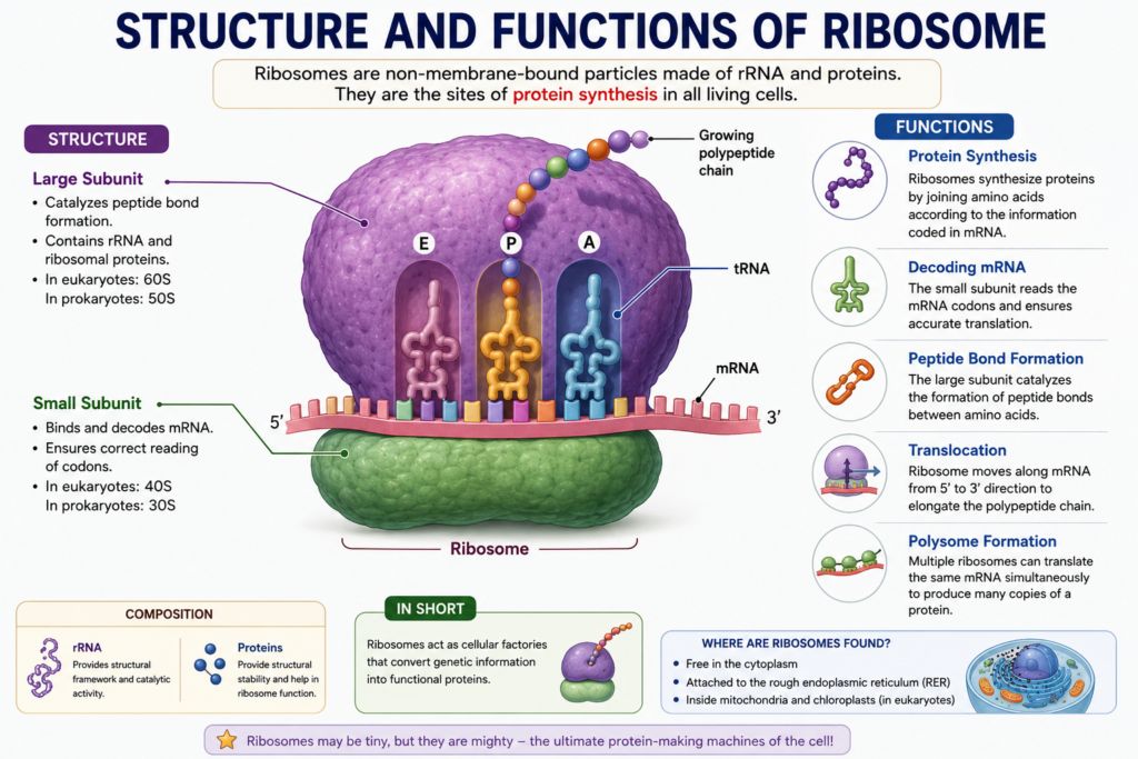 Structure and Functions of Ribosome – Types, Structure & Functions | Zoologyverse Labeled diagram showing ribosome structure, large and small subunits, mRNA, tRNA, A P and E sites, and protein synthesis