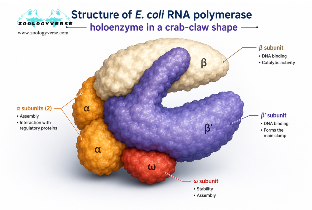 RNA Synthesis Explained: Transcription Steps & Diagram | Zoologyverse Structure of E. coli RNA polymerase holoenzyme in a crab-claw shape (rna synthesis)