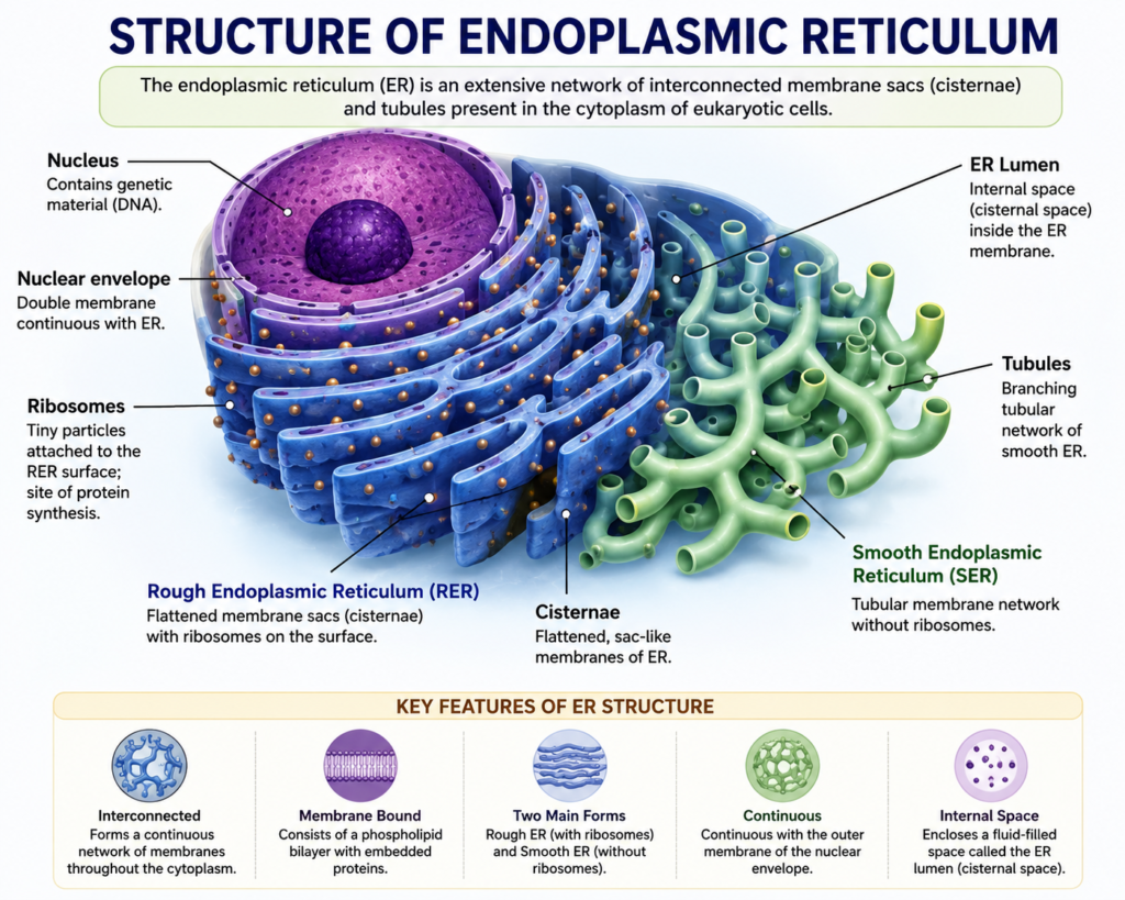 Structure and Functions of Endoplasmic Reticulum | Zoologyverse Detailed labeled diagram of endoplasmic reticulum showing cisternae, tubules, ER lumen, rough ER, smooth ER, ribosomes, and nuclear envelope