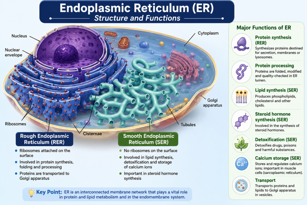 Structure and Functions of Endoplasmic Reticulum | Zoologyverse Labeled diagram showing rough and smooth endoplasmic reticulum, nucleus, ribosomes, cisternae, and tubules