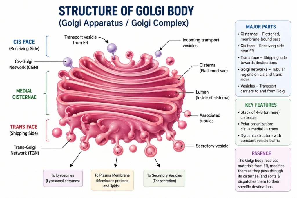 Structure and Functions of Golgi Body | Zoologyverse Labeled educational diagram of the Golgi body showing cis face, cis-Golgi network, medial cisternae, trans face, trans-Golgi network, cisternae, lumen, associated tubules, transport vesicles, and secretory vesicles.
