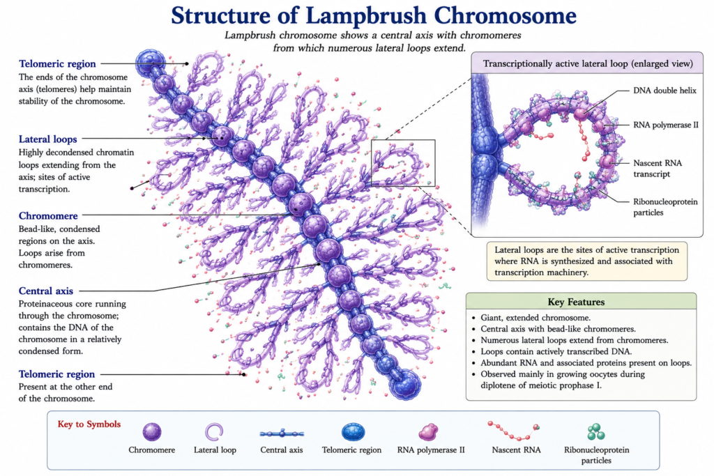 Lampbrush Chromosome: Structure, Formation, Functions and Significance | Zoologyverse Labeled textbook diagram of a lampbrush chromosome showing chromomeres, chromosomal axis, lateral loops, transcription units, nascent RNA, and RNA polymerase II