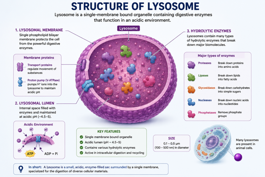 Lysosome – Structure and Functions | Zoologyverse Detailed labeled diagram of lysosome showing lysosomal membrane, acidic lumen, hydrolytic enzymes, proton pumps, and membrane proteins