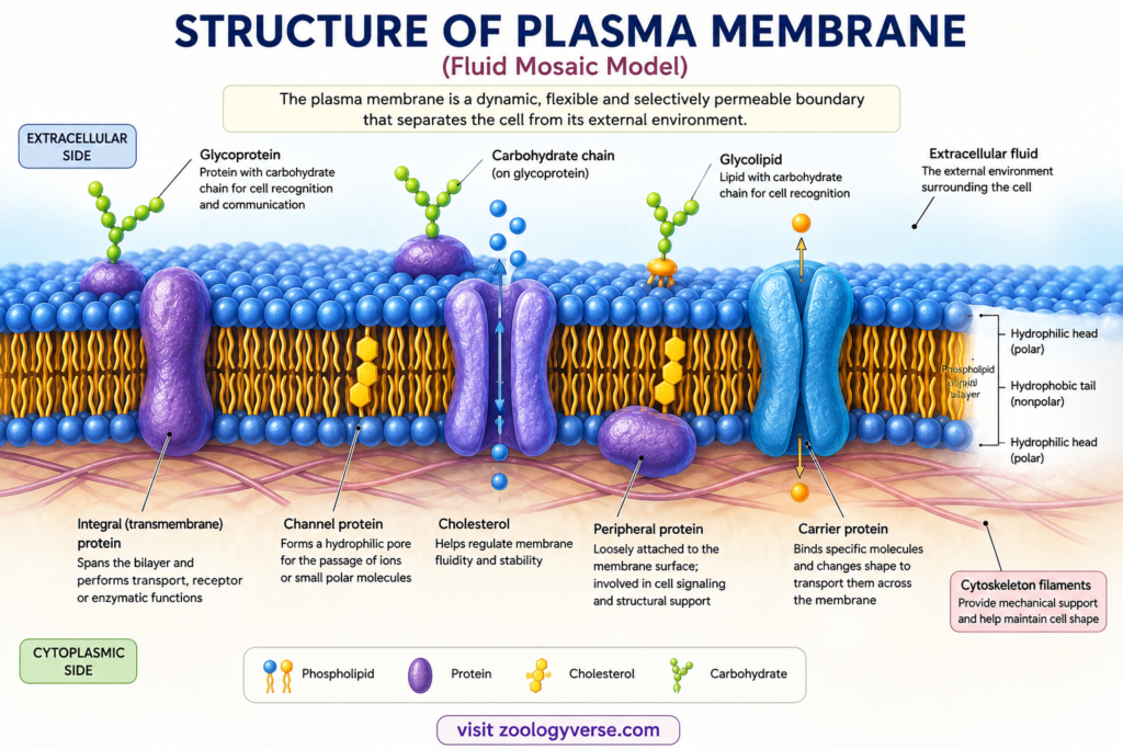 Structure and Functions of Plasma Membrane – Components, Fluid Mosaic Model and Functions | Zoologyverse Labeled diagram of the plasma membrane showing the phospholipid bilayer, hydrophilic heads, hydrophobic tails, integral and peripheral proteins, cholesterol, glycoproteins, glycolipids, carbohydrate chains and cytoskeleton.