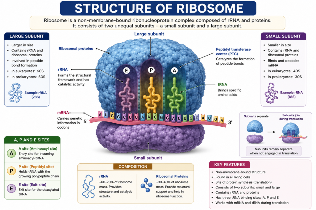 Detailed labeled diagram of ribosome showing large and small subunits, rRNA, ribosomal proteins, mRNA, tRNA, and A, P and E sites
