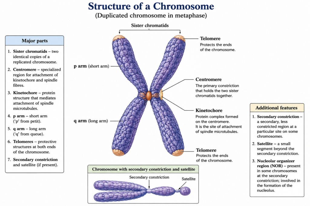 Structure and Functions of Chromosome | Zoologyverse extbook-style labeled diagram of a duplicated chromosome showing sister chromatids, centromere, kinetochore, p arm, q arm, telomeres, secondary constriction, and satellite