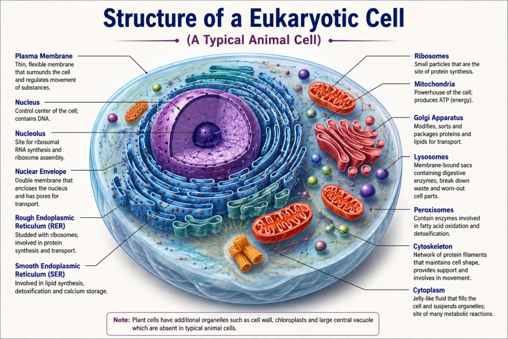 Detailed diagram of a typical eukaryotic animal cell showing nucleus, nucleolus, nuclear envelope, endoplasmic reticulum, mitochondria, Golgi apparatus, lysosomes, ribosomes and cytoskeleton
