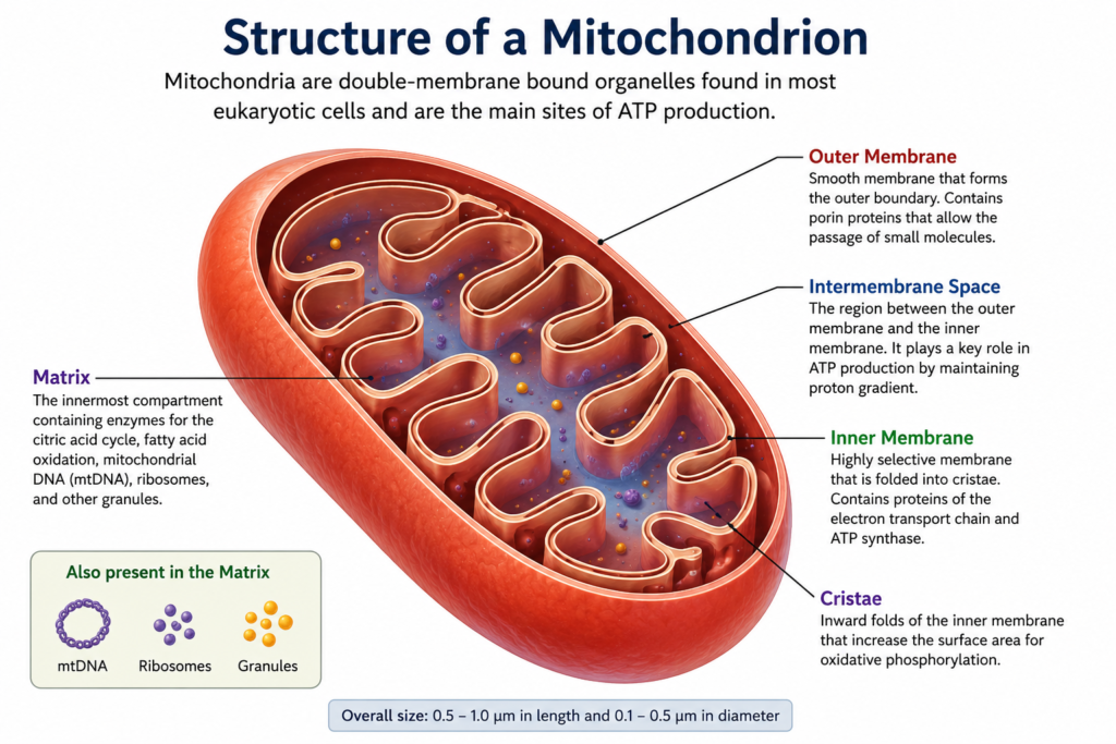 Labeled diagram showing the outer membrane, intermembrane space, inner membrane, cristae, and matrix of a mitochondrion