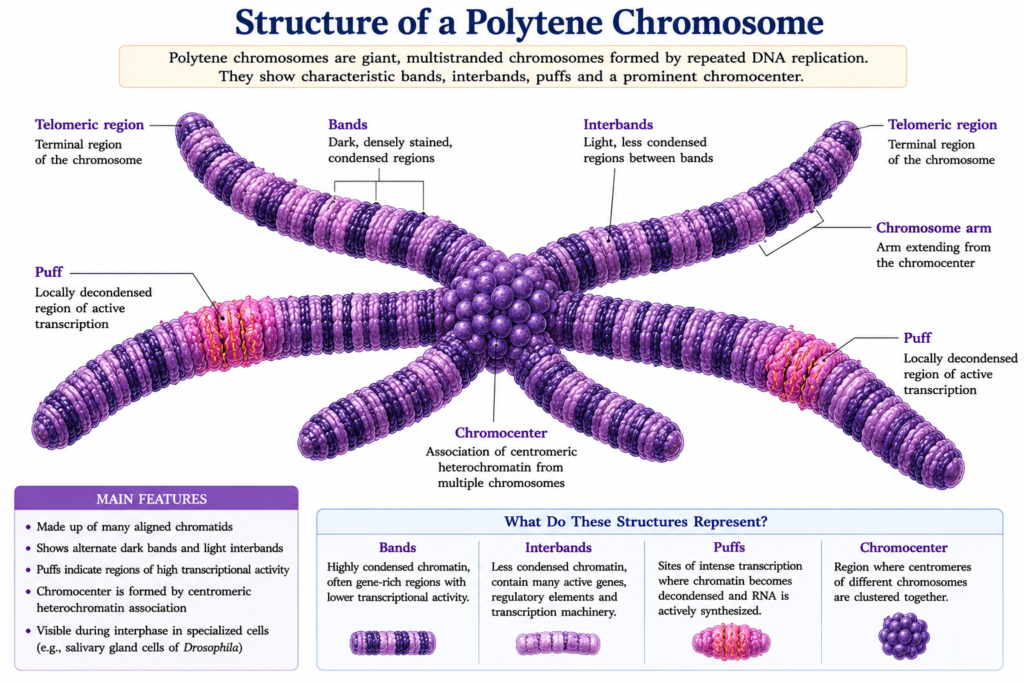 Polytene Chromosomes: Structure, Formation, Functions and Significance | Zoologyverse diagram showing the structure of a polytene chromosome with bands, interbands, puffs, chromocenter, chromosome arms, and telomeric regions