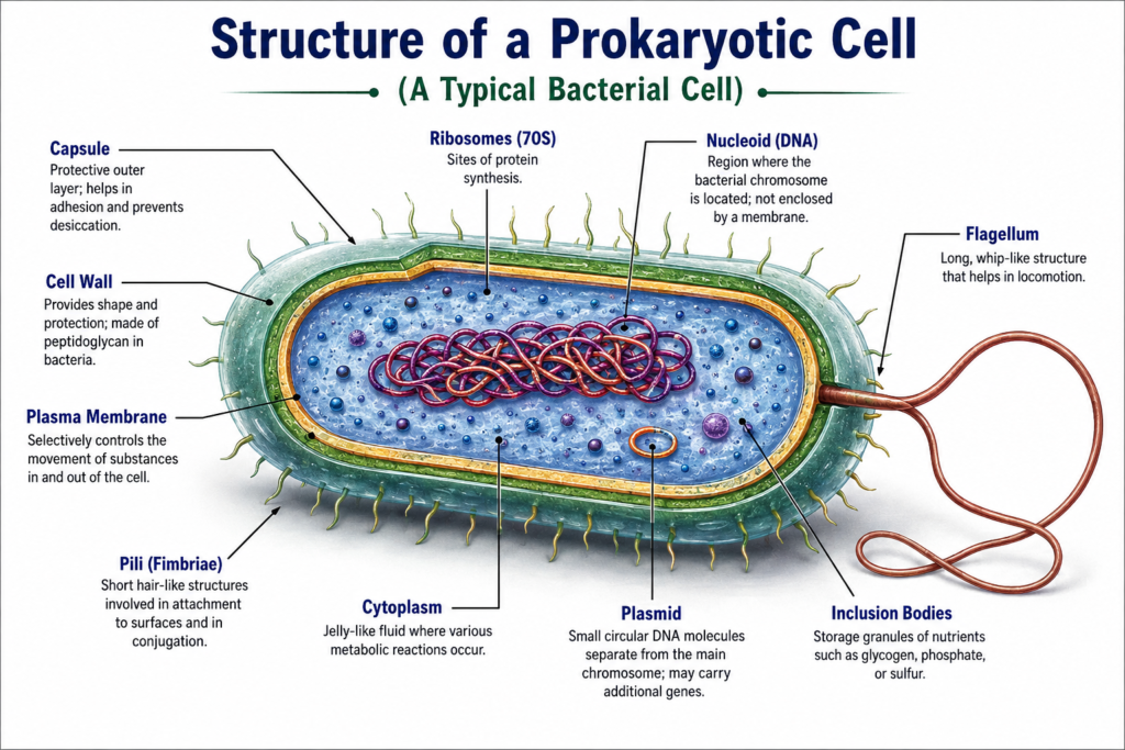 Detailed diagram of a typical prokaryotic bacterial cell showing nucleoid DNA, ribosomes, capsule, cell wall, plasma membrane, pili, plasmid, cytoplasm, inclusion bodies and flagellum