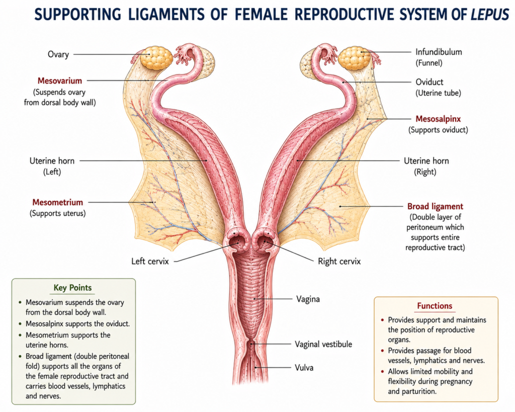 Structure of Female Reproductive System of Lepus | Zoologyverse diagram showing the supporting ligaments of the female reproductive system of Lepus, including mesovarium, mesosalpinx, mesometrium, and broad ligament