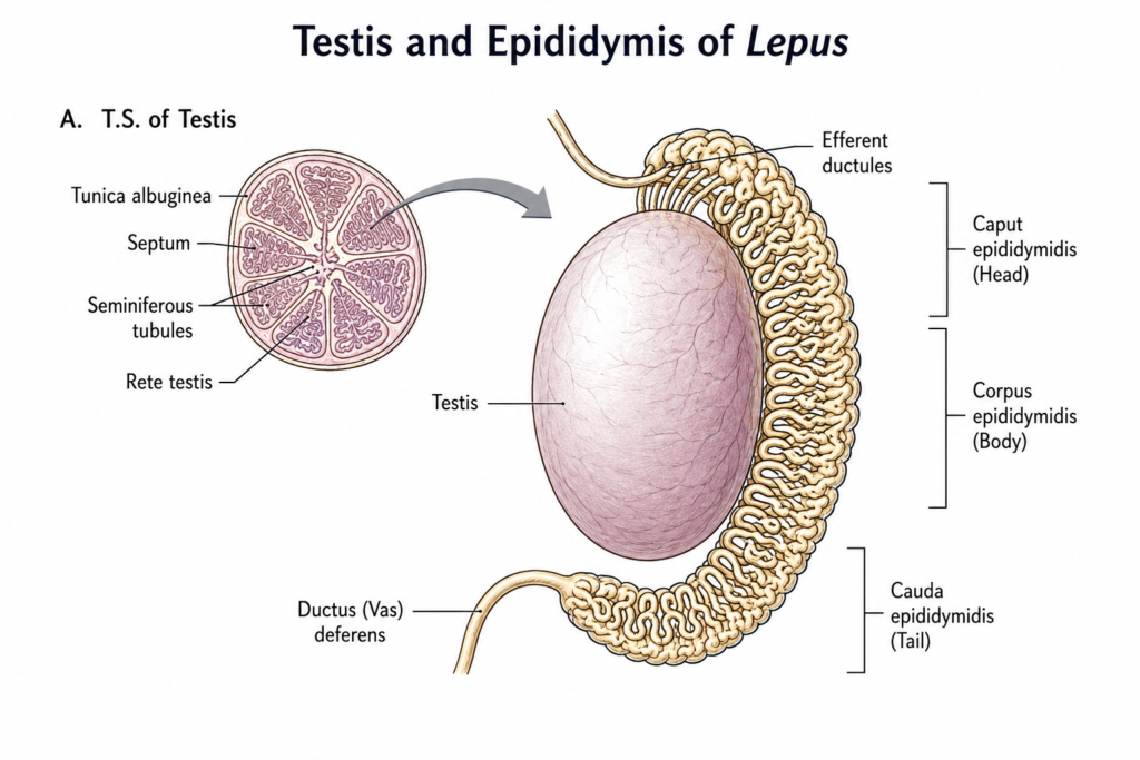 Structure of Male Reproductive System of Lepus | Zoologyverse diagram of the testis and epididymis of Lepus showing seminiferous tubules, rete testis, efferent ductules, caput, corpus, cauda, and ductus deferens