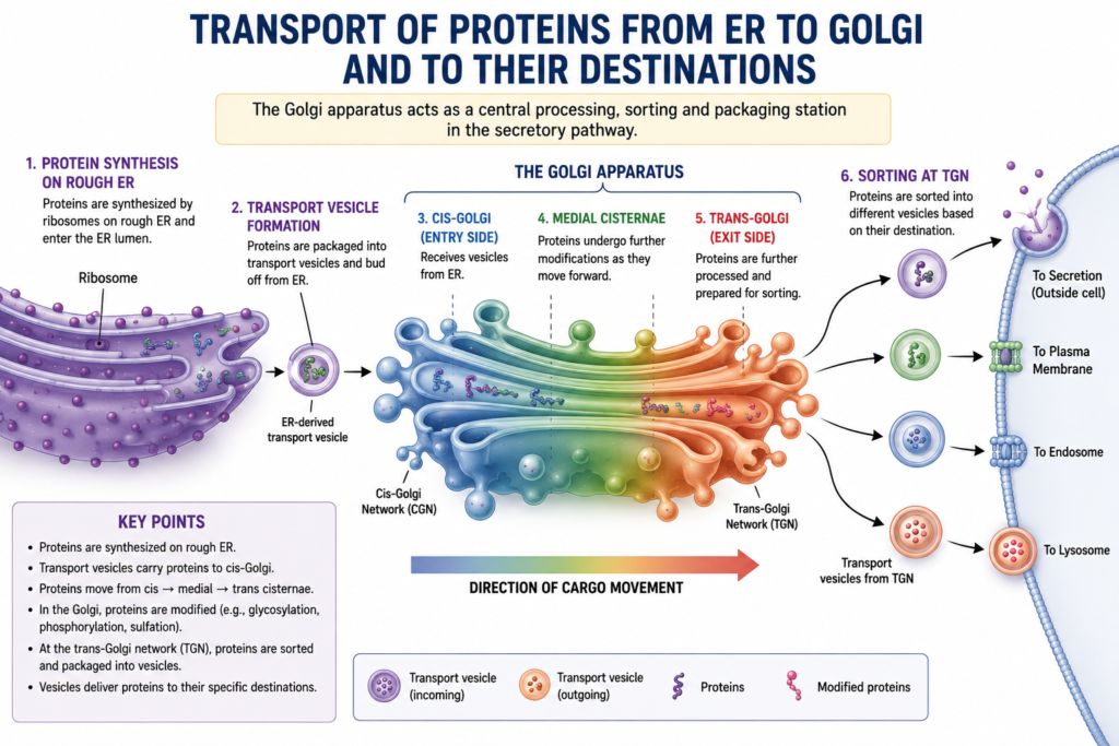 Structure and Functions of Golgi Body | Zoologyverse Diagram showing protein transport from the rough endoplasmic reticulum to the Golgi apparatus and then to secretion, the plasma membrane, endosome, and lysosome.