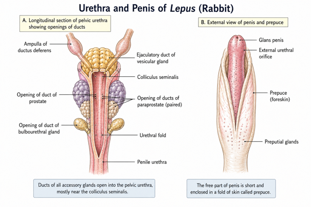 Structure of Male Reproductive System of Lepus | Zoologyverse anatomical diagram showing the pelvic urethra, penis, glans penis, external urethral opening, prepuce, and associated ducts in male Lepus