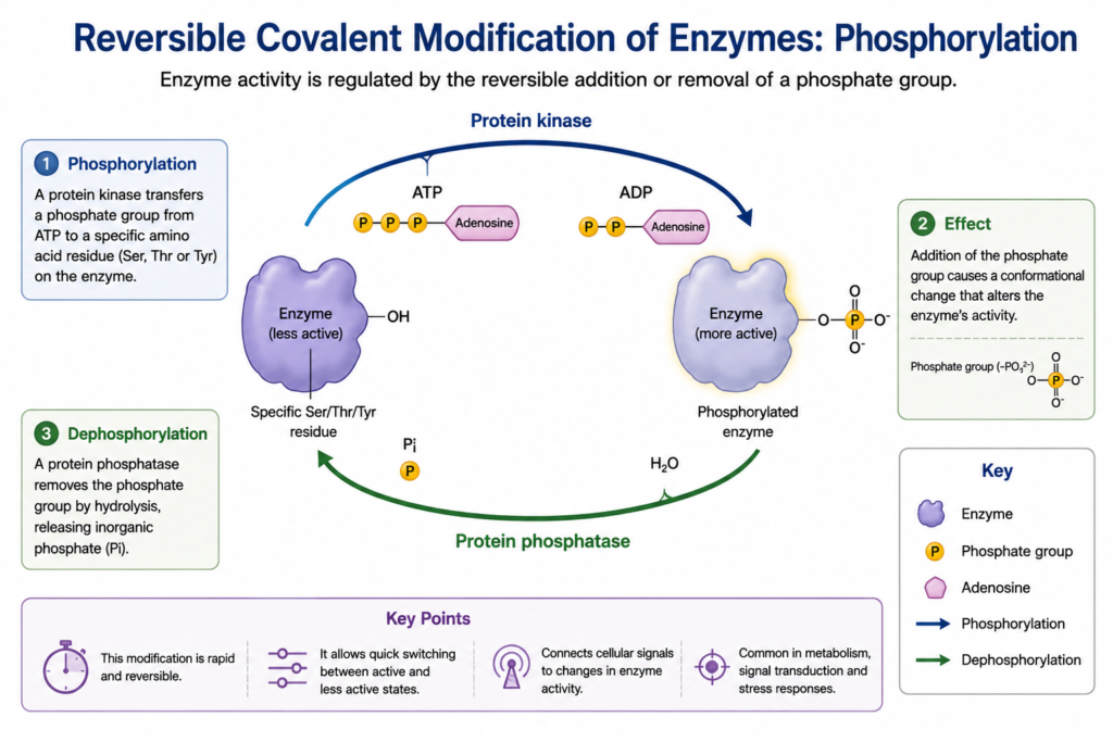 Regulation of Enzyme Action: Mechanisms, Types and Biological Importance | Zoologyverse Diagram showing enzyme phosphorylation by a protein kinase and dephosphorylation by a protein phosphatase.