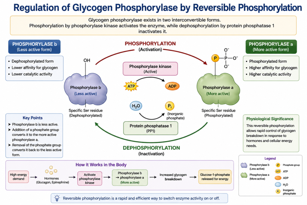 Regulation of Enzyme Action: Mechanisms, Types and Biological Importance | Zoologyverse Diagram showing regulation of glycogen phosphorylase through phosphorylation by phosphorylase kinase and dephosphorylation by protein phosphatase 1.