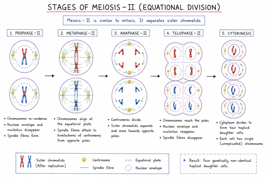 diagram showing Prophase II, Metaphase II, Anaphase II, Telophase II, and cytokinesis, ending in four haploid daughter cells.