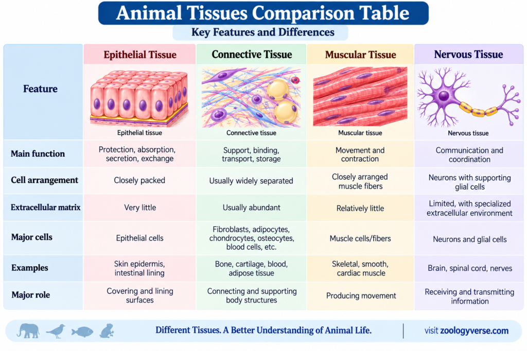 Animal Tissues: Types, Structure, Functions & Examples | Zoologyverse Animal Tissues Comparison: Features and Functions