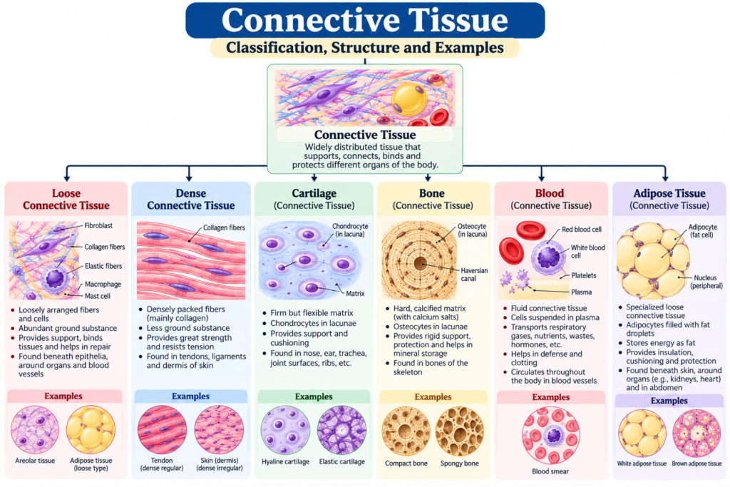 Animal Tissues: Types, Structure, Functions & Examples | Zoologyverse Animal tissues: classification of connective tissue showing loose, dense, cartilage, bone, blood, and adipose tissue