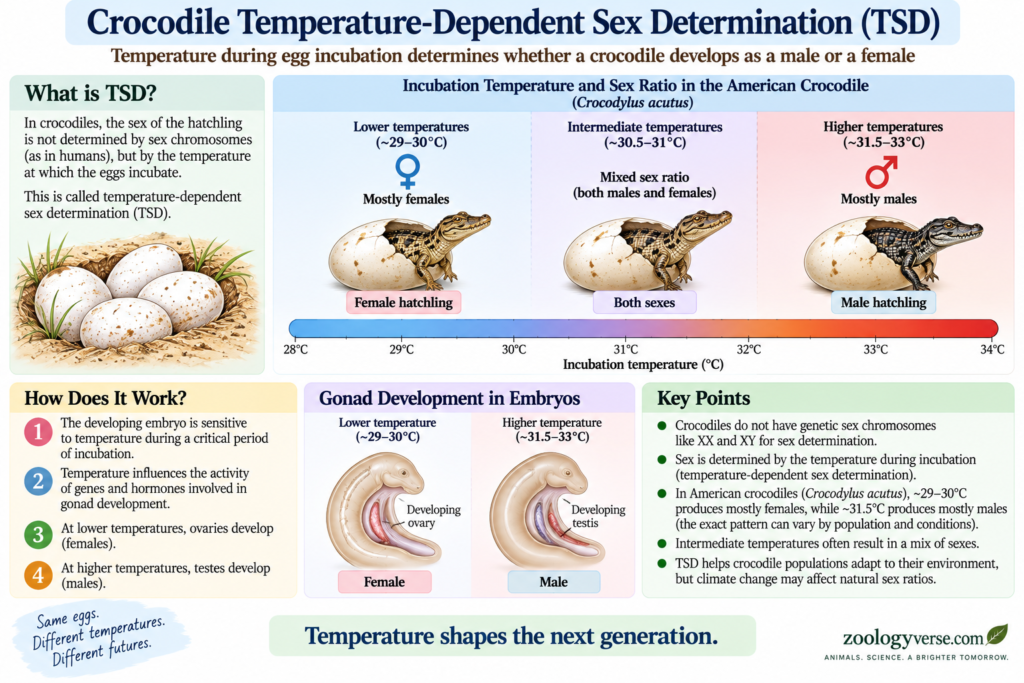 Parthenogenesis in Crocodiles: The Real Story Behind a Virgin Birth | Zoologyverse Diagram showing how incubation temperature influences sex determination in American crocodile embryos