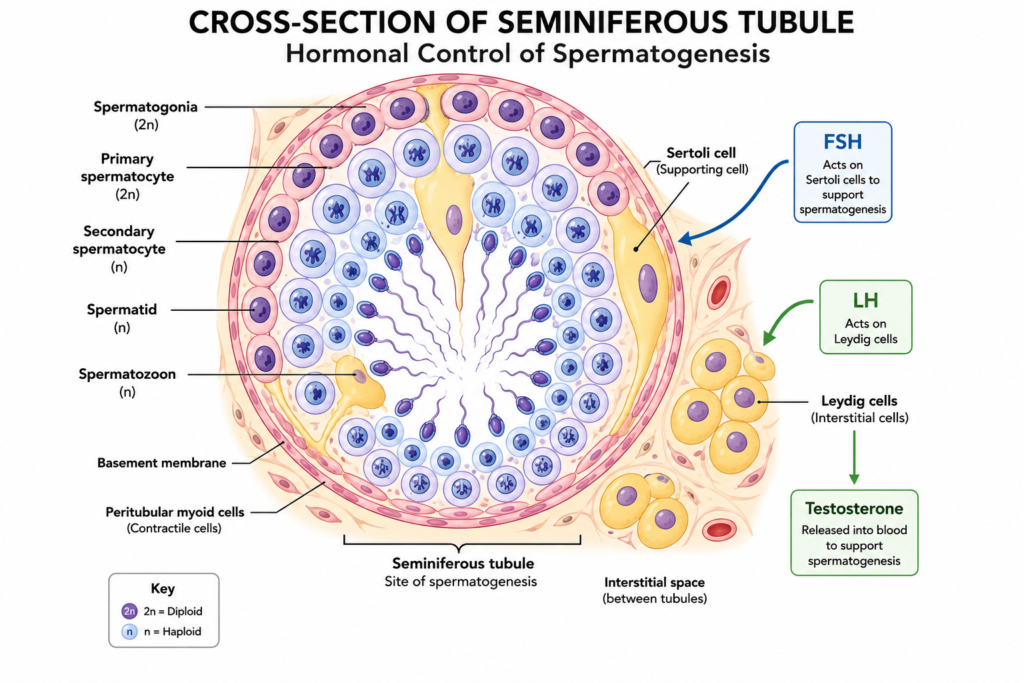 Gametogenesis Explained: Spermatogenesis vs Oogenesis (Complete Guide with Differences) | Zoologyverse Labeled diagram of seminiferous tubule showing Sertoli cells, Leydig cells, and hormone signals