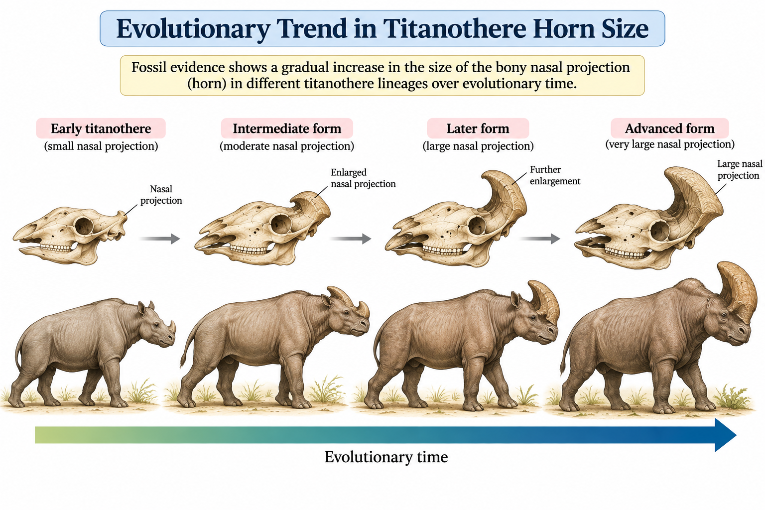Trends in Evolution: Types, Examples & Mechanisms | Zoologyverse Diagram showing increasing nasal horn size in titanotheres across evolutionary time