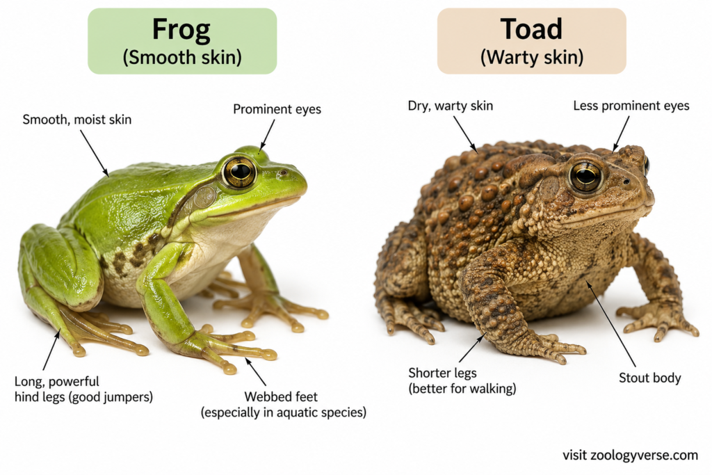 Frog vs Toad: Differences Explained (With Anatomy & Diagram) | Zoologyverse Side-by-side comparison of a smooth-skinned frog and a warty-skinned toad showing differences in skin texture, eyes, body shape, legs, and feet. (Frog vs Toad: Differences Explained (With Anatomy & Diagram))