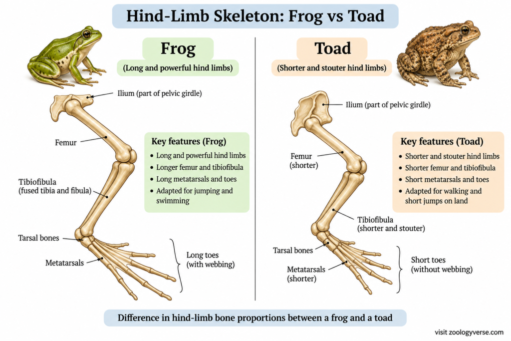 Frog vs Toad: Differences Explained (With Anatomy & Diagram) | Zoologyverse Skeletal comparison of frog and toad hind limbs showing differences in femur, tibiofibula, tarsals, metatarsals, and toe proportions. (Frog vs Toad: Differences Explained (With Anatomy & Diagram))