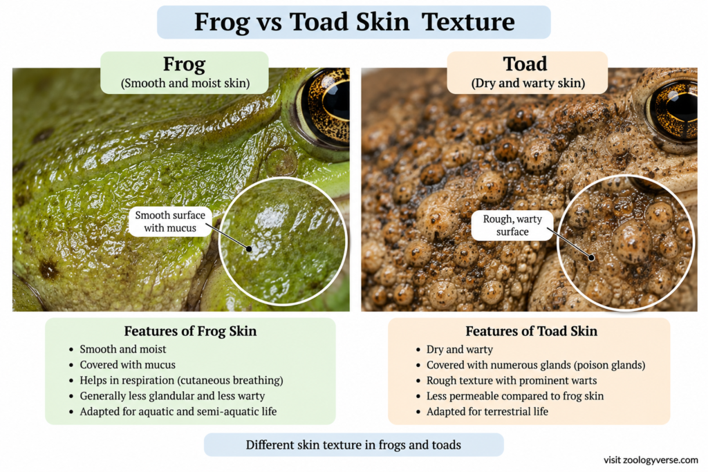 Frog vs Toad: Differences Explained (With Anatomy & Diagram) | Zoologyverse Close-up comparison of smooth, moist frog skin and rough, warty toad skin showing differences in texture and skin glands. (Frog vs Toad: Differences Explained (With Anatomy & Diagram))