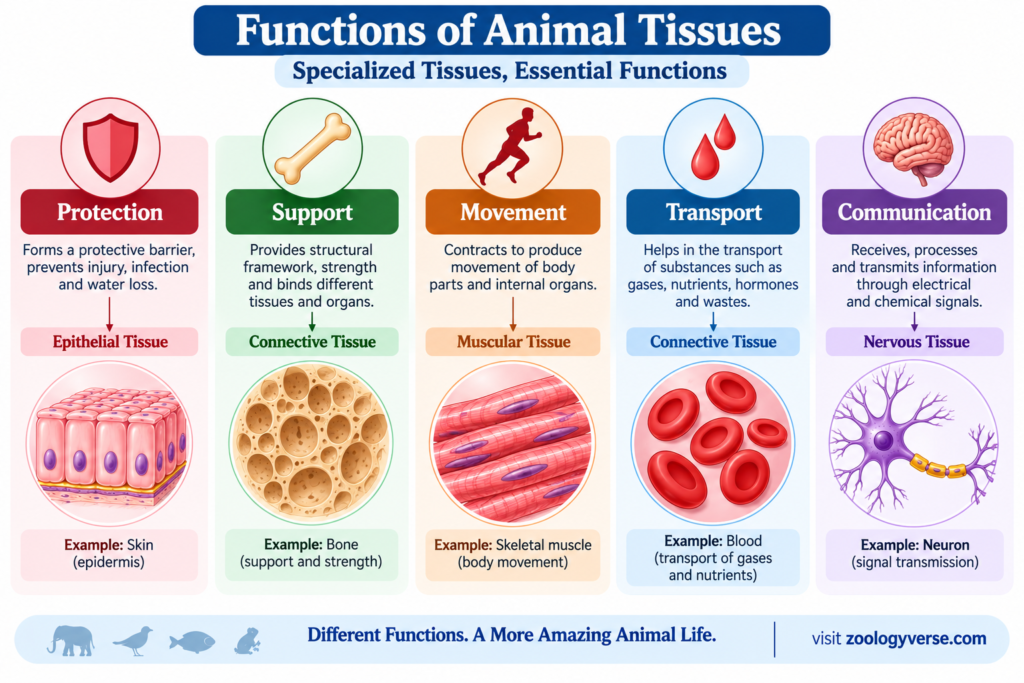 Animal Tissues: Types, Structure, Functions & Examples | Zoologyverse Functions of animal tissues showing protection, support, movement, transport, and communication