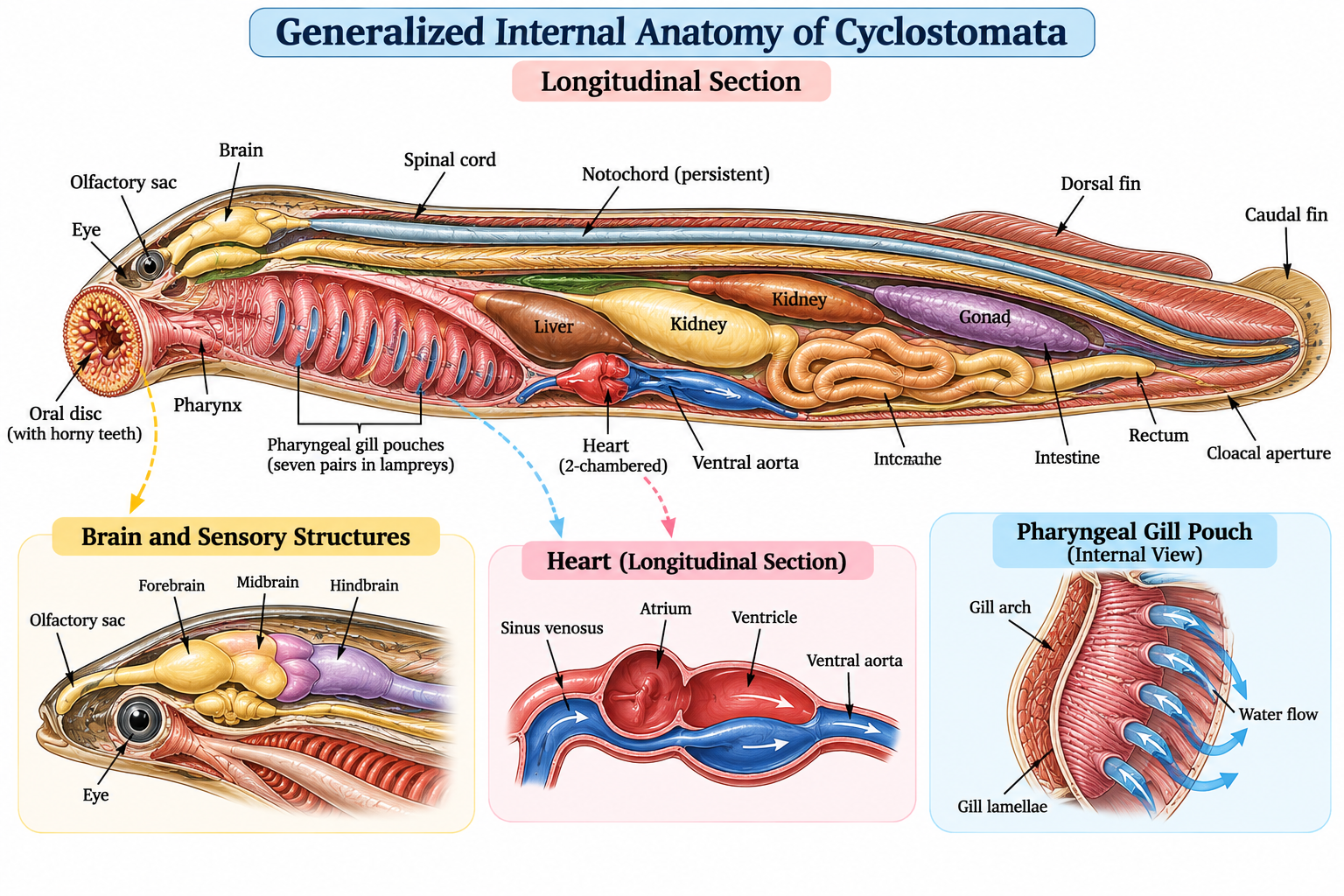 Cyclostomata: Characteristics, Classification, Examples and Features | Zoologyverse Generalized internal anatomy of Cyclostomata showing persistent notochord, brain, spinal cord, gill pouches, heart, kidney, gonad and digestive organs