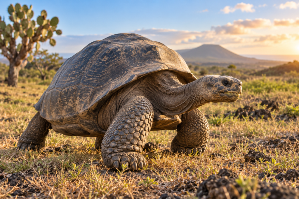 Turtle vs Tortoise vs Terrapin: What’s the Real Difference? | Zoologyverse Giant Galápagos tortoise walking across dry grassland with a high-domed shell and thick legs at golden hour. (Turtle vs Tortoise vs Terrapin)