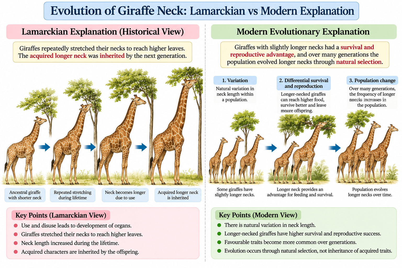 Trends in Evolution: Types, Examples & Mechanisms | Zoologyverse Trends in Evolution showing Lamarckian and modern explanations for giraffe neck evolution