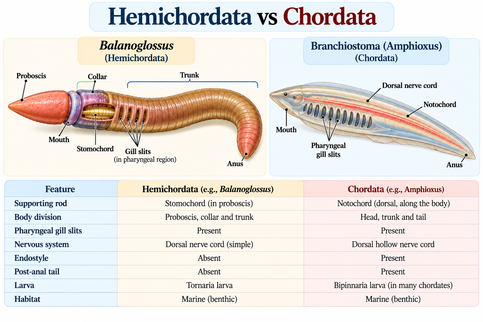 Phylum Hemichordata: Characteristics, Classification & Examples | Zoologyverse Phylum Hemichordata vs Chordata showing Balanoglossus and Branchiostoma with differences in body structure, stomochord, notochord, gill slits, and nervous system