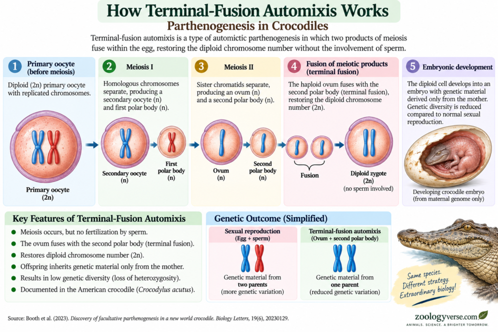 Parthenogenesis in Crocodiles: The Real Story Behind a Virgin Birth | Zoologyverse Diagram showing terminal-fusion automixis during parthenogenesis in an American crocodile