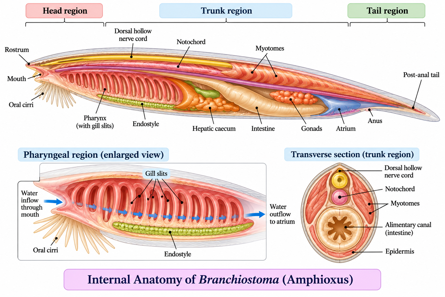 Phylum Cephalochordata: Characteristics, Classification & Examples | Zoologyverse Phylum Cephalochordata showing internal anatomy of Branchiostoma with notochord, dorsal hollow nerve cord, pharynx, gill slits, endostyle, hepatic caecum, intestine and myotomes