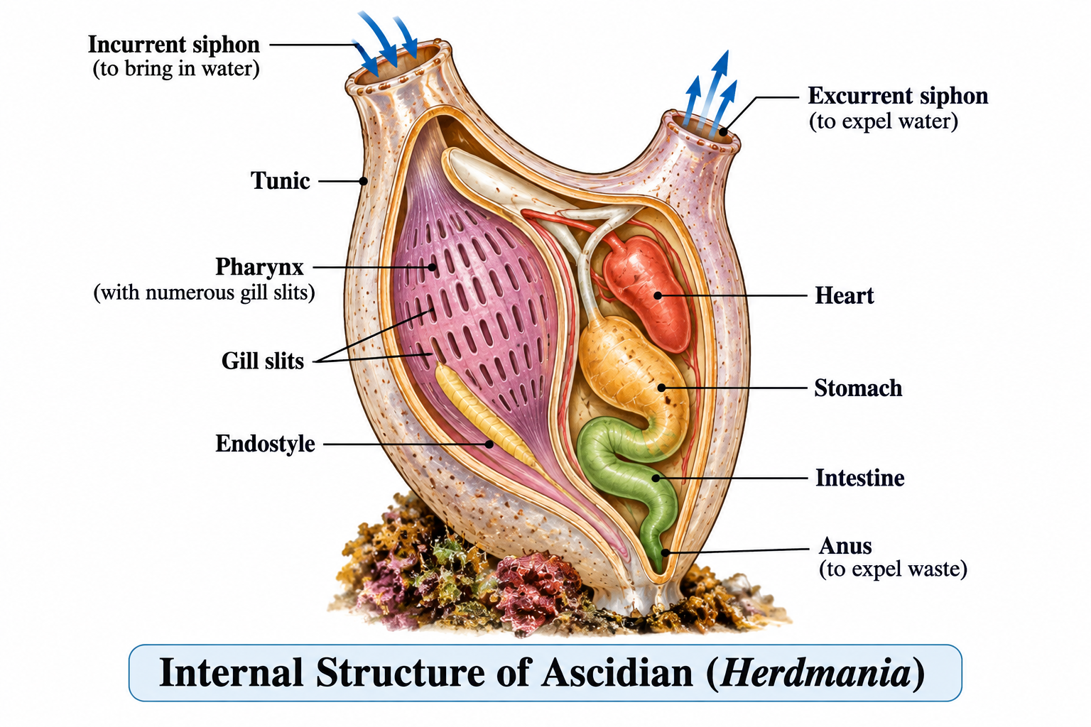 Phylum Urochordata: Characteristics, Classification & Examples | Zoologyverse Phylum Urochordata (Tunicata) showing the internal structure of Herdmania with tunic, siphons, pharynx, gill slits, endostyle, heart, stomach, intestine and anus