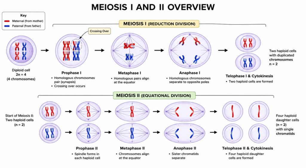 Gametogenesis Explained: Spermatogenesis vs Oogenesis (Complete Guide with Differences) | Zoologyverse Step-by-step diagram of meiosis I and meiosis II showing chromosome separation