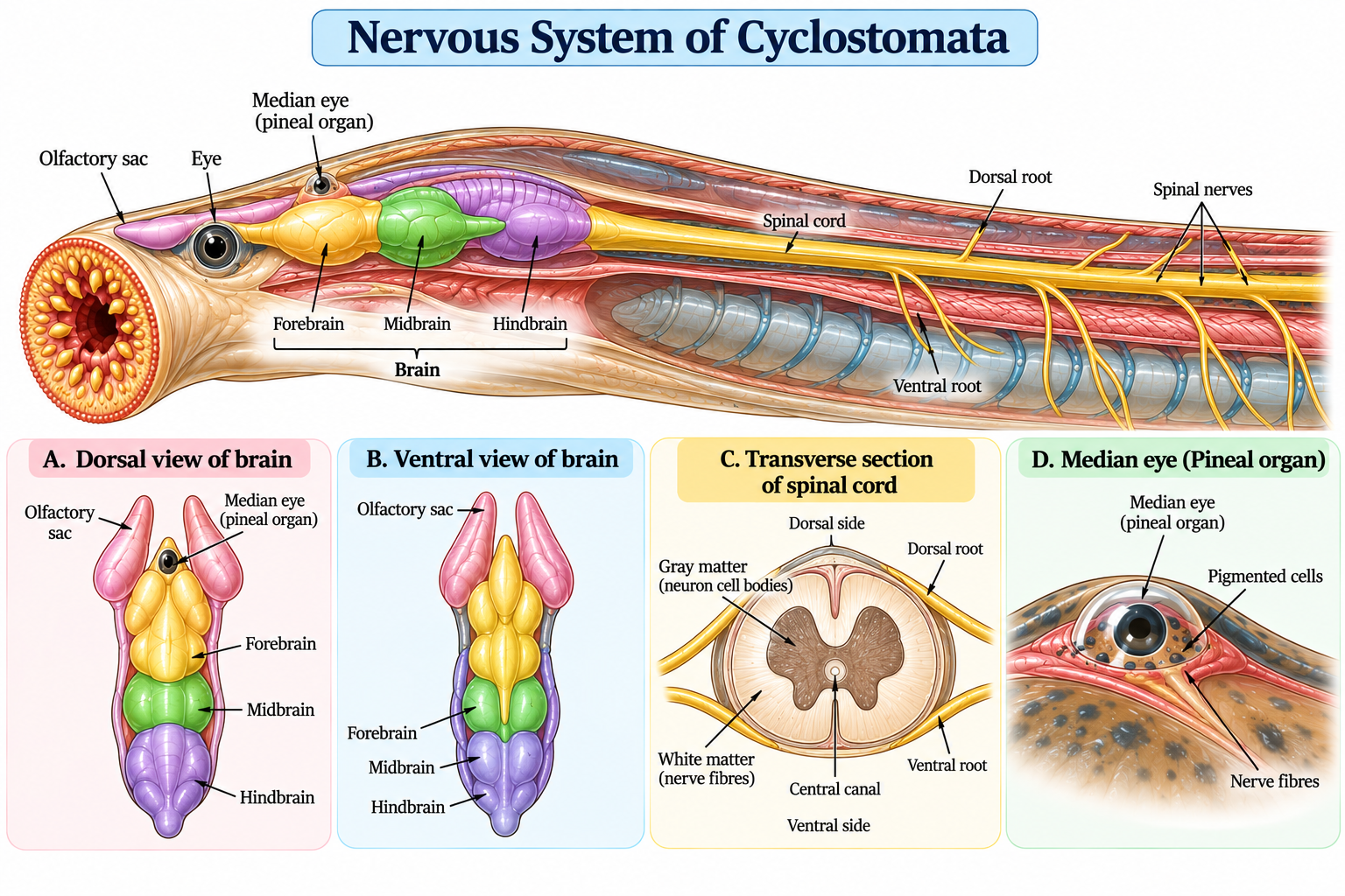 Cyclostomata: Characteristics, Classification, Examples and Features | Zoologyverse Nervous system of Cyclostomata showing brain, spinal cord, olfactory sac, eyes, spinal nerves, and median eye