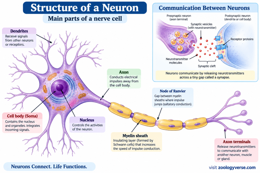 Animal Tissues: Types, Structure, Functions & Examples | Zoologyverse Animal tissues: neuron structure showing dendrites, cell body, axon, myelin sheath, and axon terminals