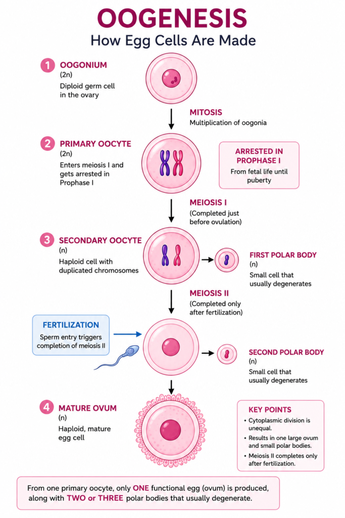 Gametogenesis Explained: Spermatogenesis vs Oogenesis (Complete Guide with Differences) | Zoologyverse Flowchart of oogenesis stages from oogonium to mature ovum with polar bodies